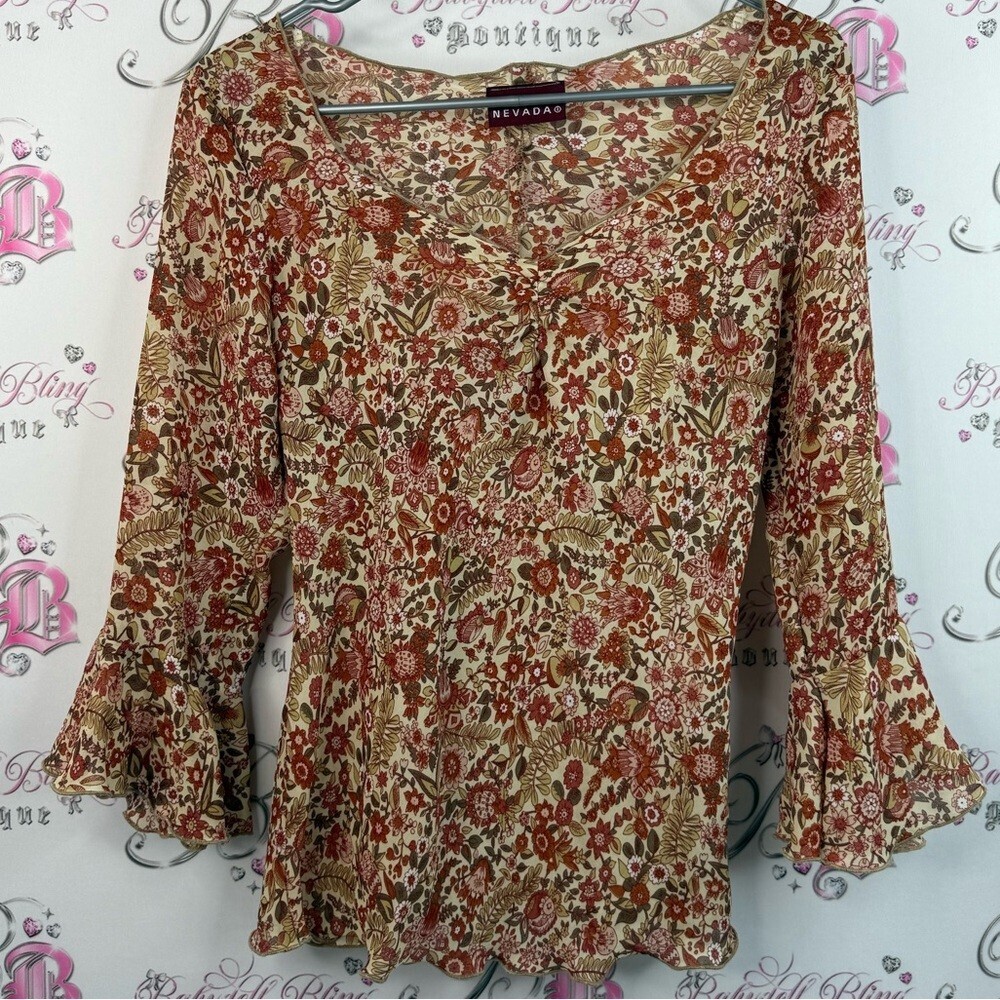 Nevada long sleeve bell bottom flowers Floral Print Women's Top y2k